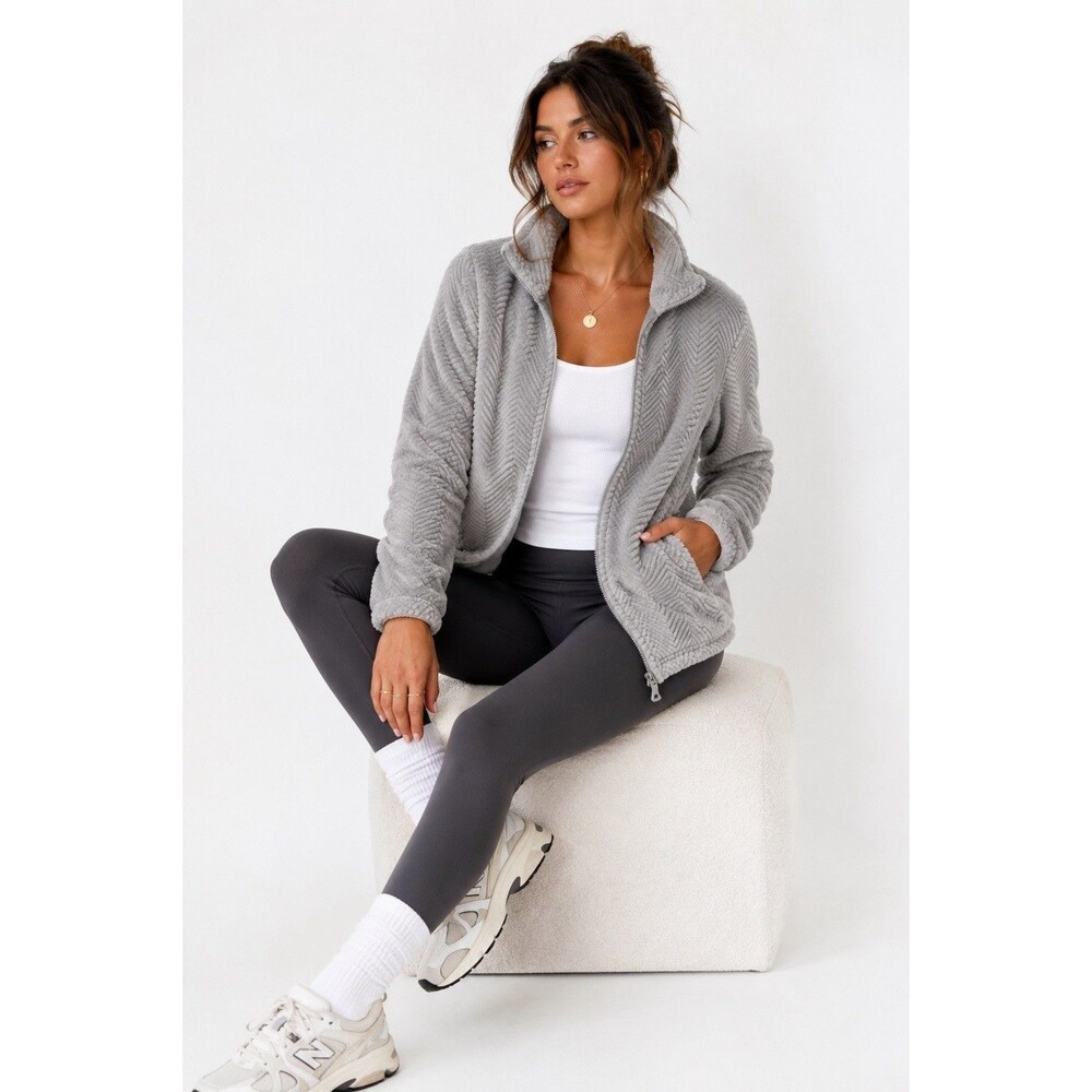 FREE2B by Free Country Gray Chevron Plush Fleece Zip Jacket Large Athleisure